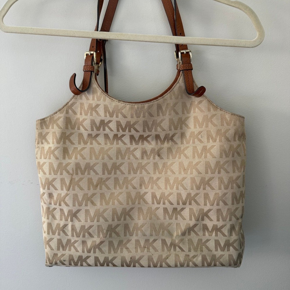 Michael Kors Monogram Canvas Tote Bag Beige Tan Leather Trim Gold Hardware - Picture 5 of 9